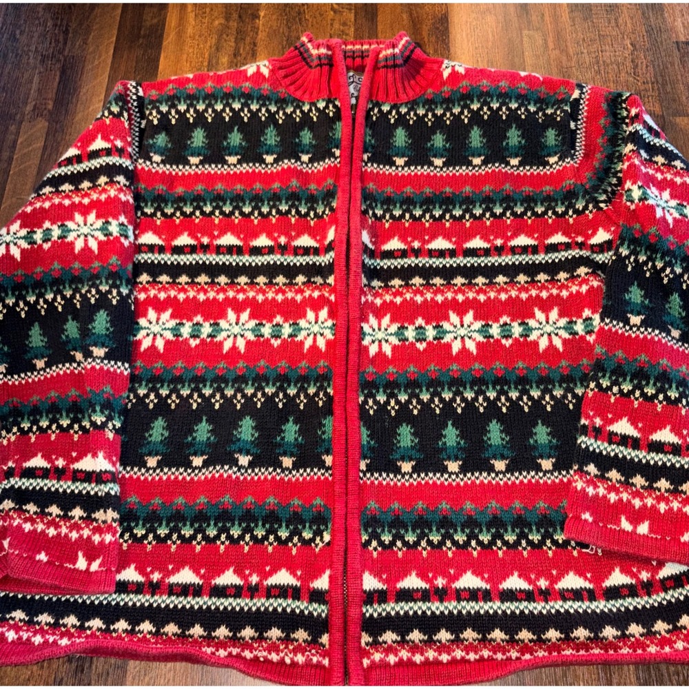 Heirloom Collectibles Red Christmas Fair Isle Zip Cardigan Sweater Womens Medium